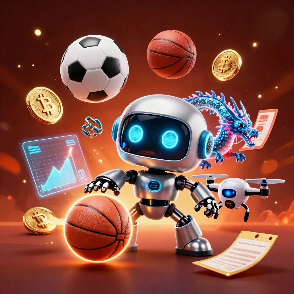 Neon mavi robot, dijital ejderha ve uçan toplarla premium spor bahis key artı.