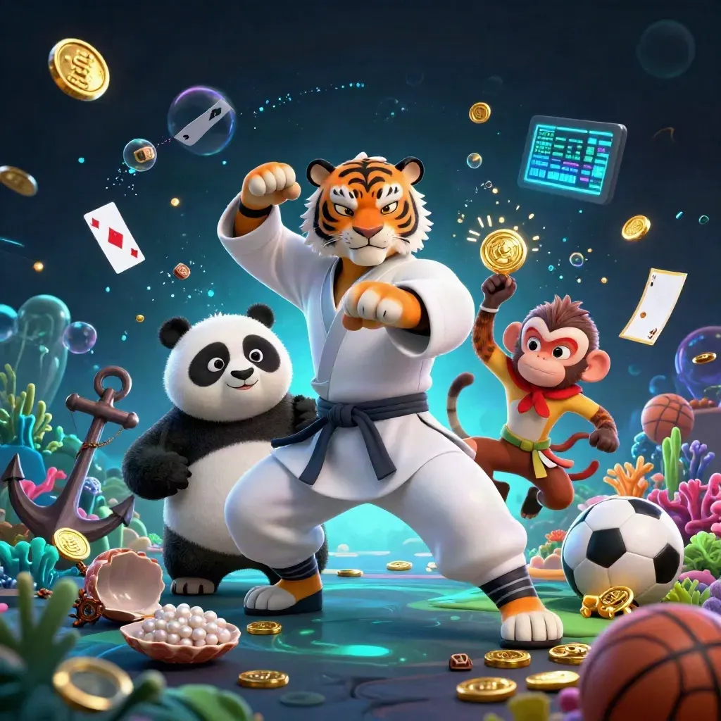 Gece mavisi fonda kung-fu kaplan, panda ve maymun; altınlar, kartlar, neon enerji ve spor topları.