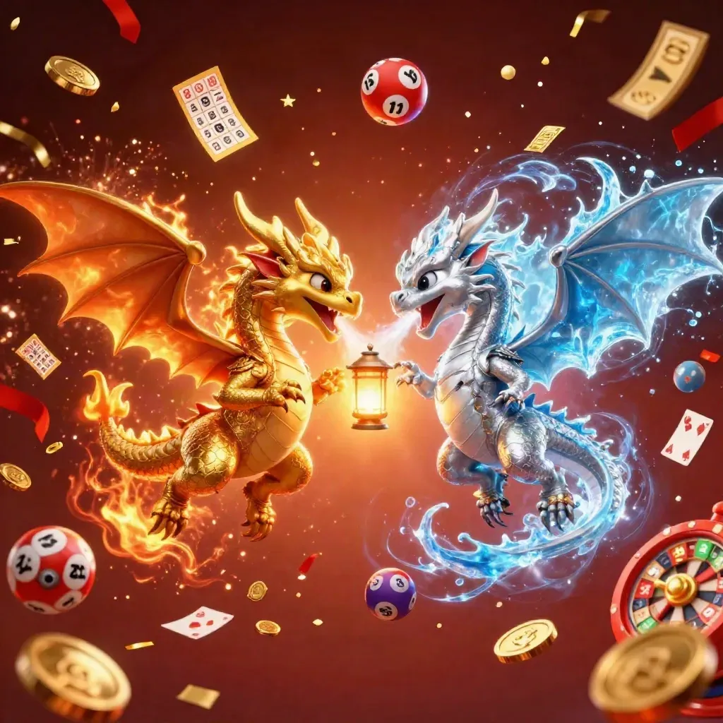 Altın ve gümüş ejderhalar, ışık, şans öğeleri ve büyülü parçacıklarla dramatik casino sahnesi.