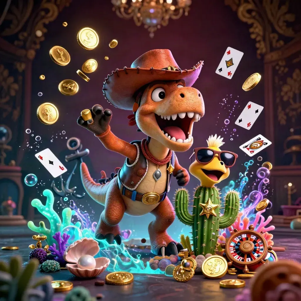 Çizgi film kovboy T-Rex, kaktüs ve roadrunner; altın para patlaması ve gece ışıkları.