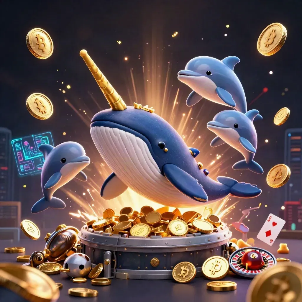 Kaptan balina, narval ve yunuslar altın paralarla neon casino sahnesinde.
