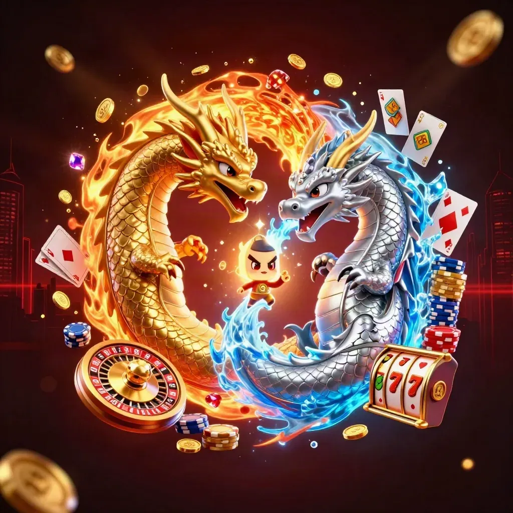Altın ve gümüş iki ejderha, jetonlar ve ruletle birlikte neon ışıkta