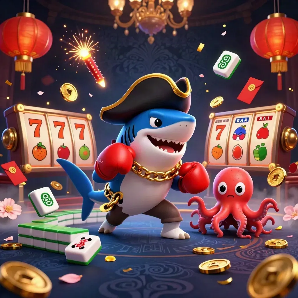 Korsan köpekbalığı, pufferfish ve yavru ahtapot altın jetonlu neon casino sahnesinde