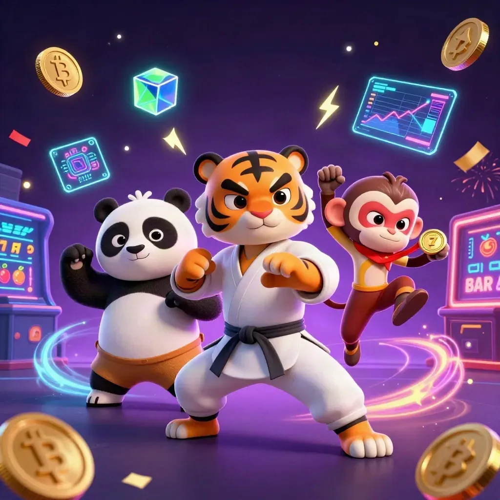 Kung-fu kaplan, panda ve maymun; etraflarında slot makaraları ve neon kripto efektleri.